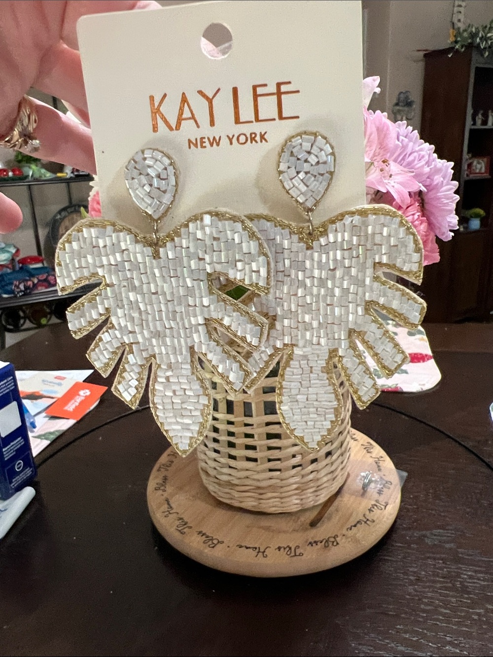 New KAY LEE White Beaded Palm Leaf Statement Earrings with Gold Trim